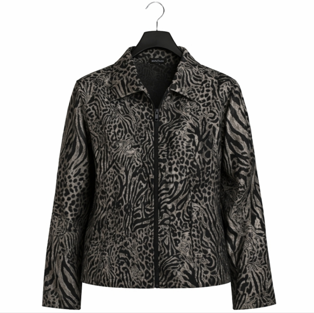 Chicos Black And Gold Animal Print Open Silk Jacket Sz 2 (Lg)